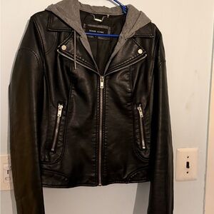 Black Rivet PleatherJacket with Gray Removable Hood